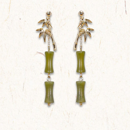 Buddha Stones 925 Sterling Silver Posts Copper Plated Gold Natural Peridot Bamboo Leaf Drop Earrings