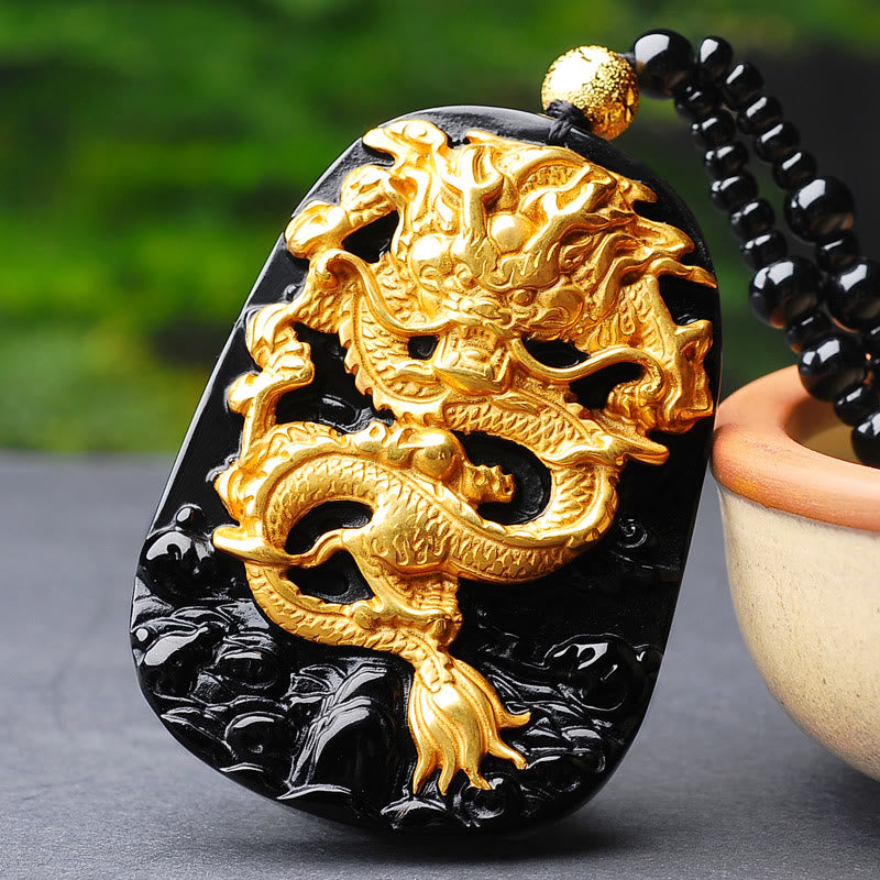 Collier pendentif porte-bonheur en obsidienne dragon plaqué or 18 carats de Buddha Stones 