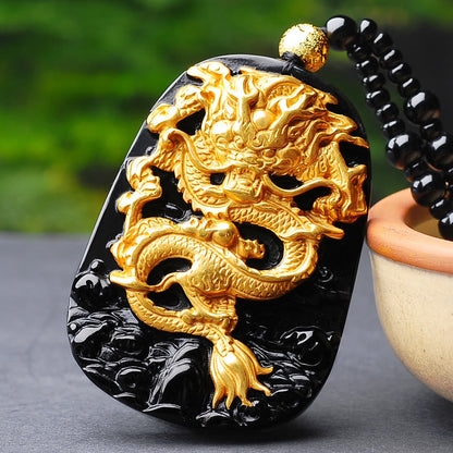 Collier pendentif porte-bonheur en obsidienne dragon plaqué or 18 carats de Buddha Stones 