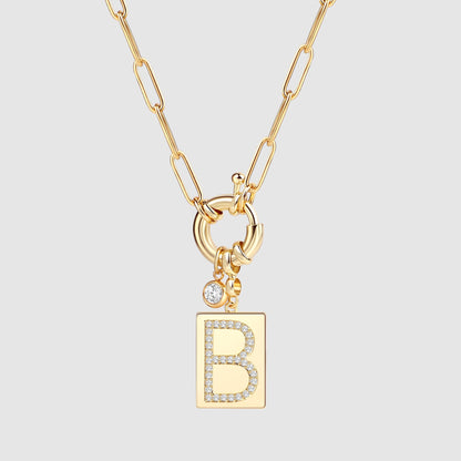 Collier pendentif initial pavé avec chaîne trombone