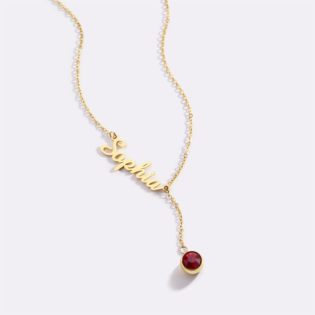 Collier Lariat avec pierre de naissance et nom