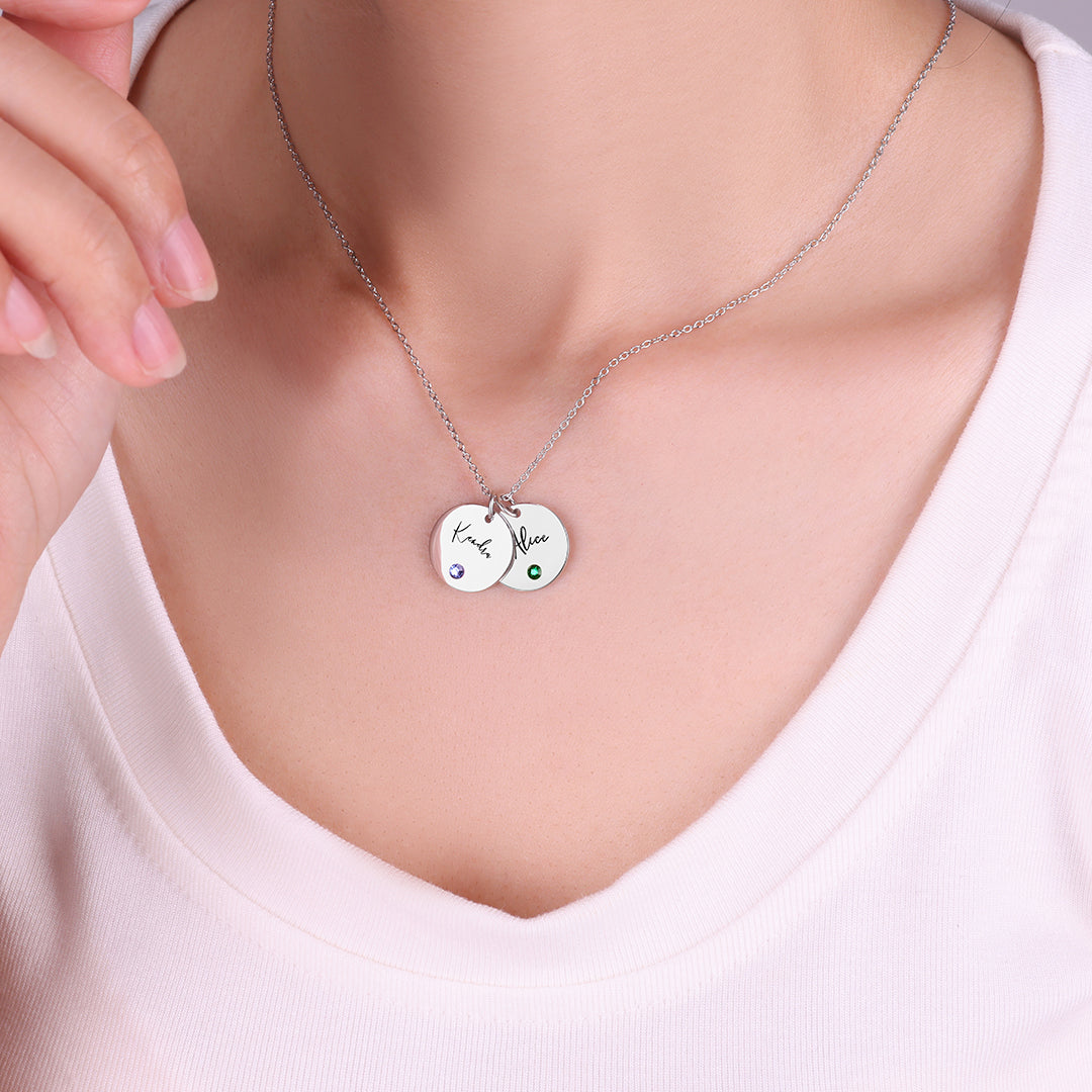 Collier disque avec pierre de naissance et nom