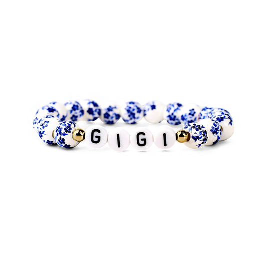 Bracelet en perles florales en porcelaine bleue pour maman et grand-mère