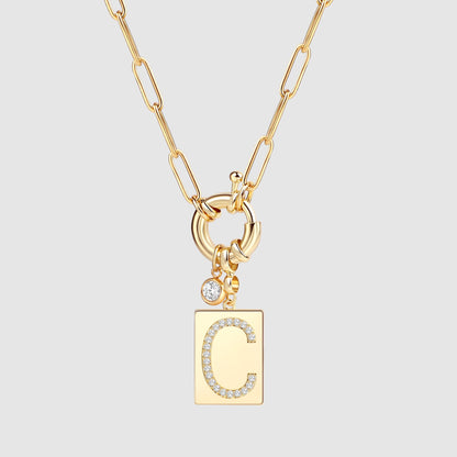 Collier pendentif initial pavé avec chaîne trombone