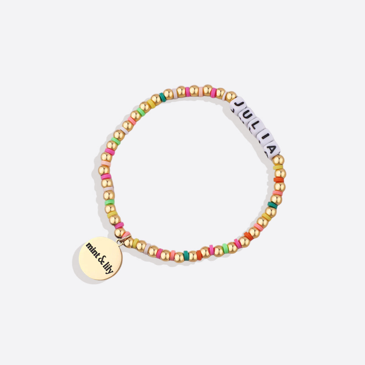 Bracelet d'amitié personnalisé en perles arc-en-ciel dorées et imperméables