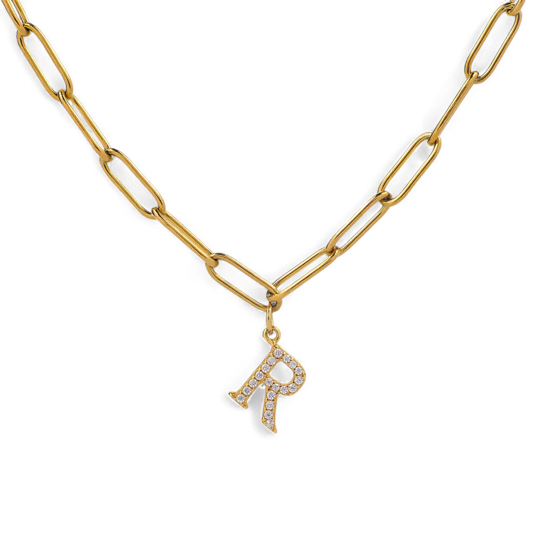 Collier pendentif lettre en diamant avec chaîne trombone