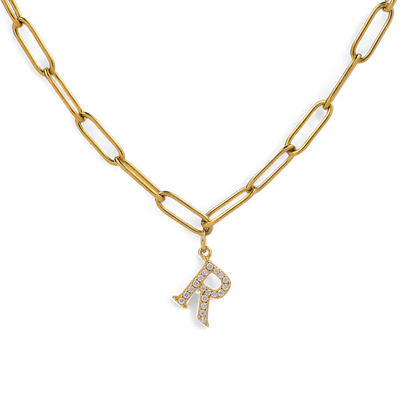 Collier pendentif lettre en diamant avec chaîne trombone
