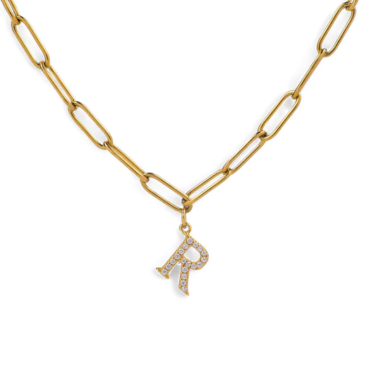 Collier pendentif lettre en diamant avec chaîne trombone