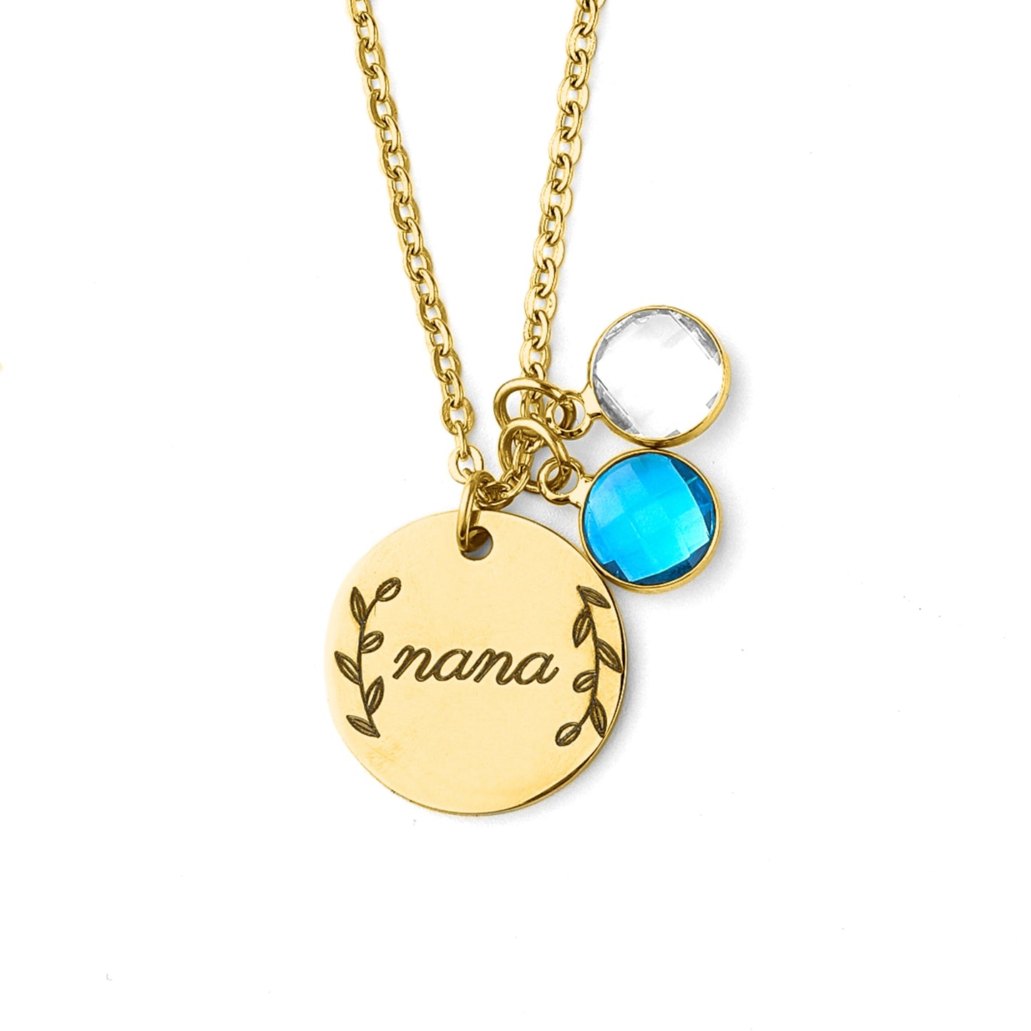 Collier pendentif pierre de naissance gravée avec feuilles