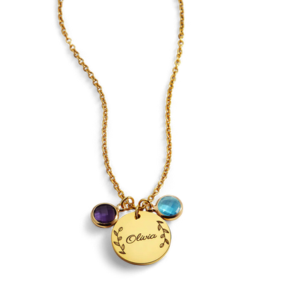 Collier pendentif pierre de naissance gravée avec feuilles