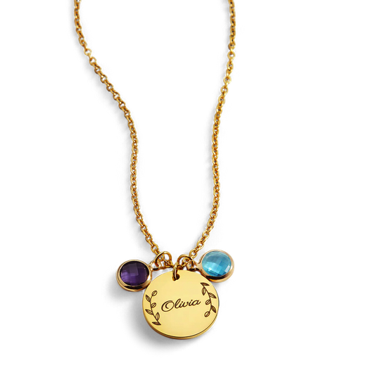 Collier pendentif pierre de naissance gravée avec feuilles