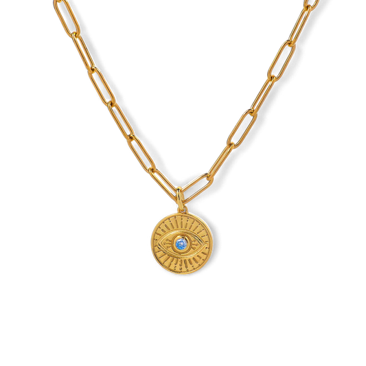Collier pendentif pièce de monnaie mauvais œil avec chaîne trombone