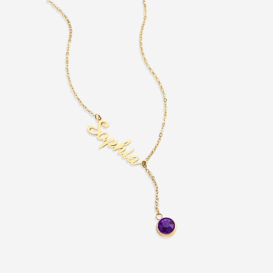 Collier Lariat avec pierre de naissance et nom