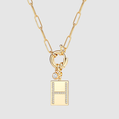 Collier pendentif initial pavé avec chaîne trombone