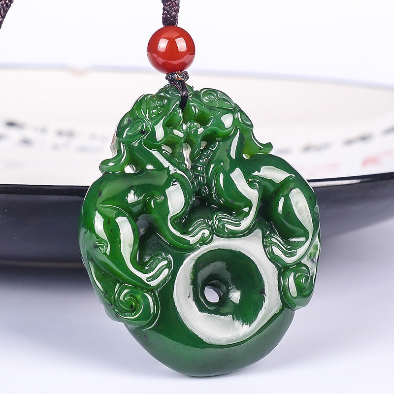 Collier porte-bonheur en jade Hetian Double Pixiu - Réalisez vos rêves et votre argent