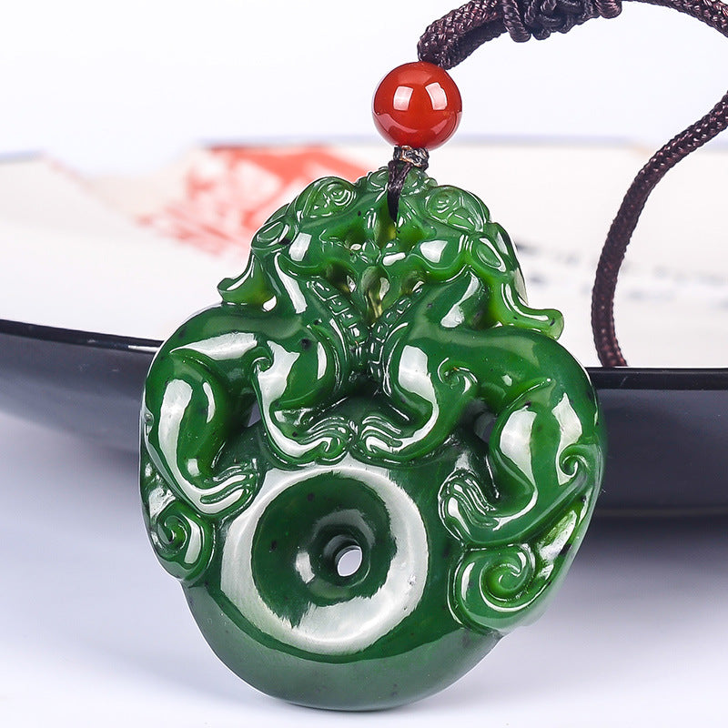 Collier porte-bonheur en jade Hetian Double Pixiu - Réalisez vos rêves et votre argent