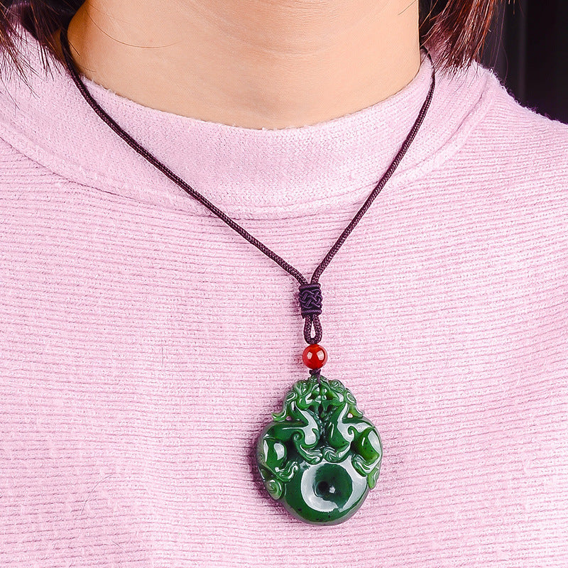 Collier porte-bonheur en jade Hetian Double Pixiu - Réalisez vos rêves et votre argent