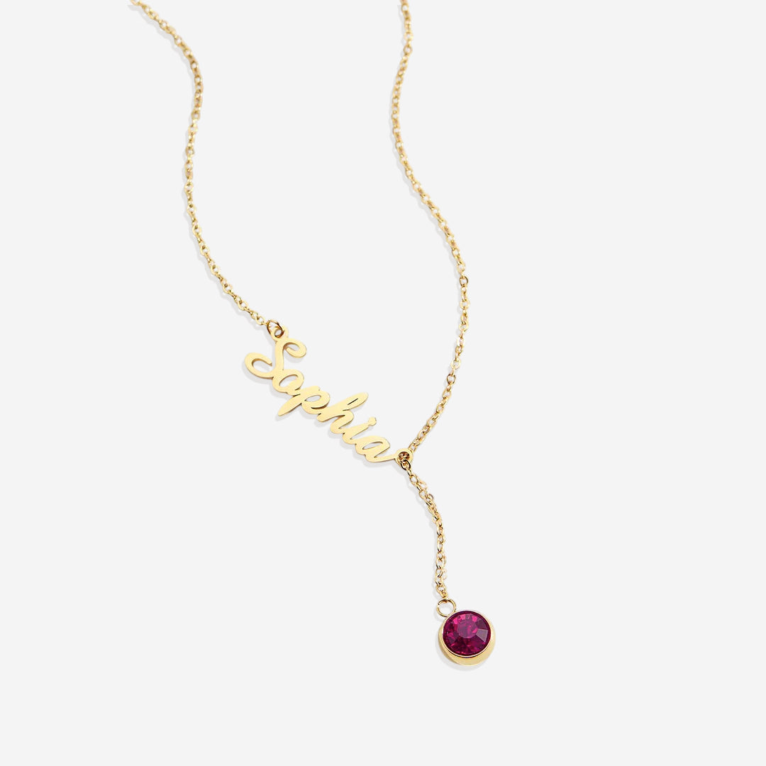 Collier Lariat avec pierre de naissance et nom