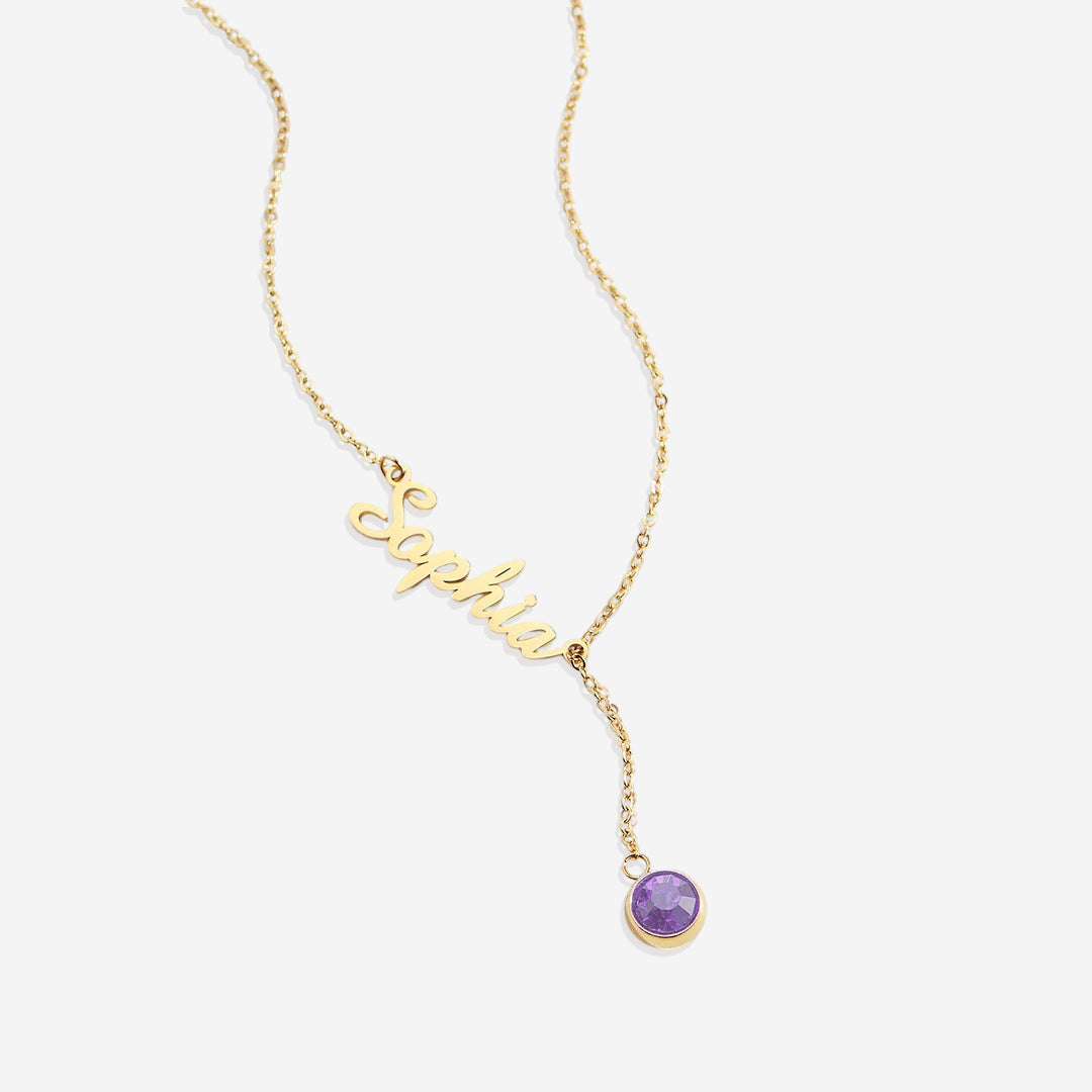 Collier Lariat avec pierre de naissance et nom