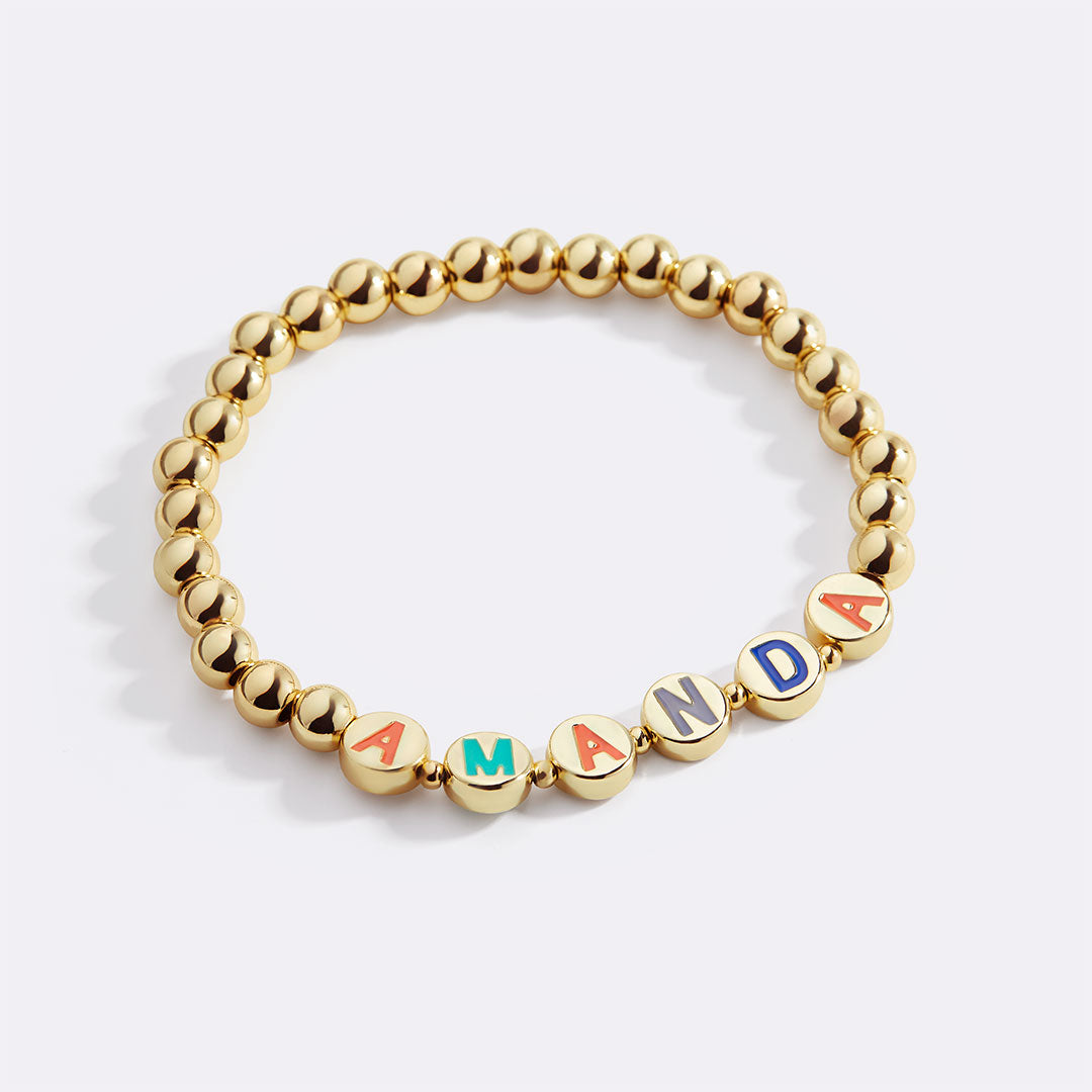 Custom Rainbow Letter Gold Disc Bead Bracelet