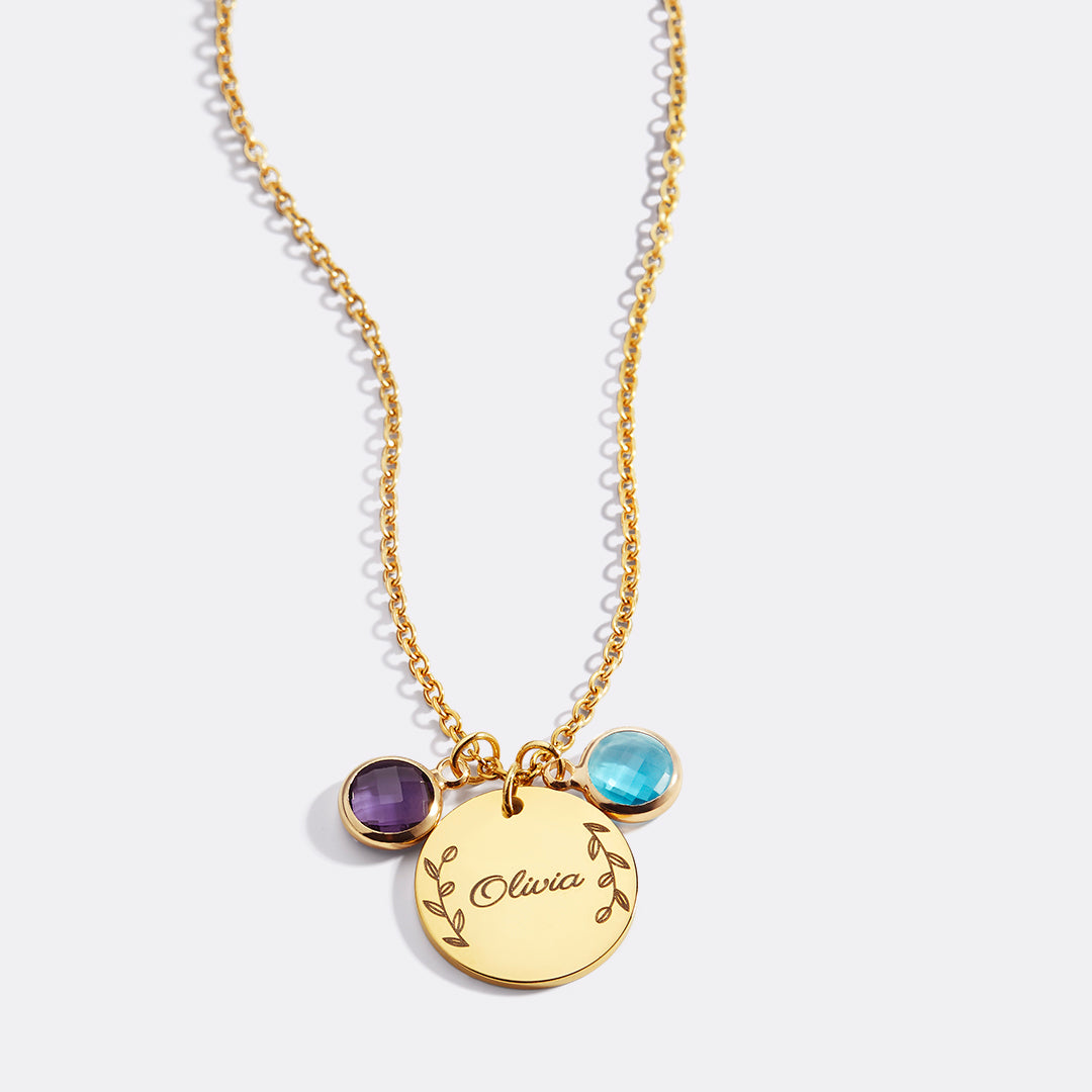 Collier pendentif pierre de naissance gravée avec feuilles