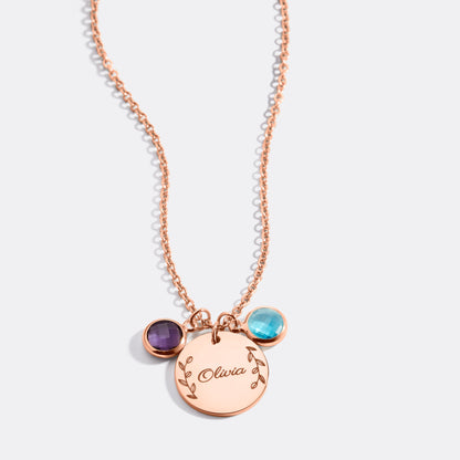 Collier pendentif pierre de naissance gravée avec feuilles