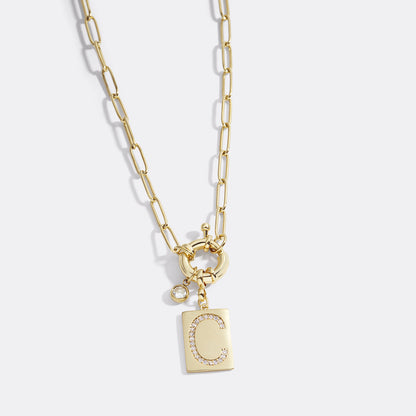 Collier pendentif initial pavé avec chaîne trombone