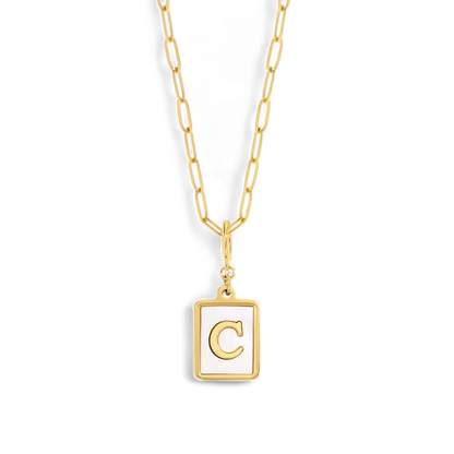 Mother of Pearl Initial Card Necklace | Paperclip Chain
