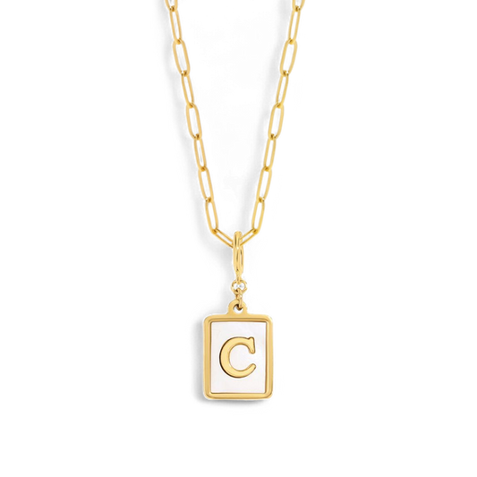 Mother of Pearl Initial Card Necklace | Paperclip Chain