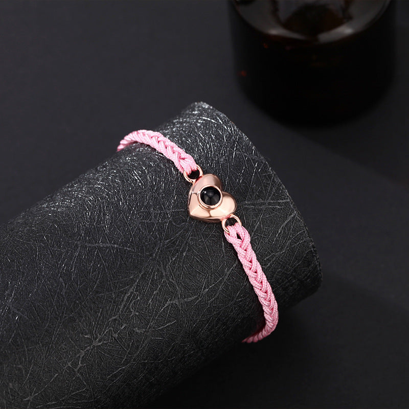 Bracelet tressé photo personnalisé avec pendentif en forme de cœur poli