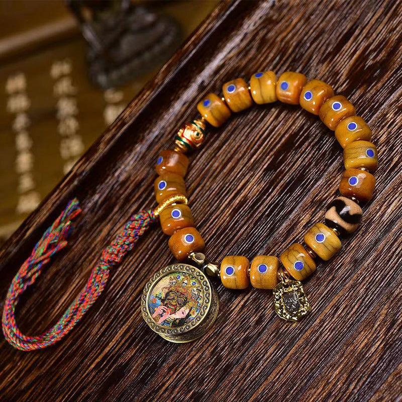 Tibetan Old Silver and Lapis Lazuli Inlaid Bracelet with Small Tangka Pendant – Tibetan Yak Bone Bracelet