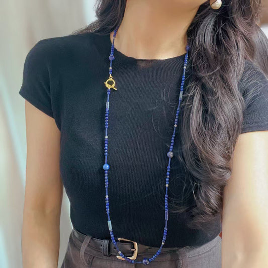Collier long en lapis-lazuli naturel de haute qualité, collier de perles fait main