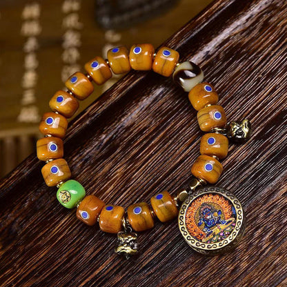 Tibetan Old Silver and Lapis Lazuli Inlaid Bracelet with Small Tangka Pendant – Tibetan Yak Bone Bracelet