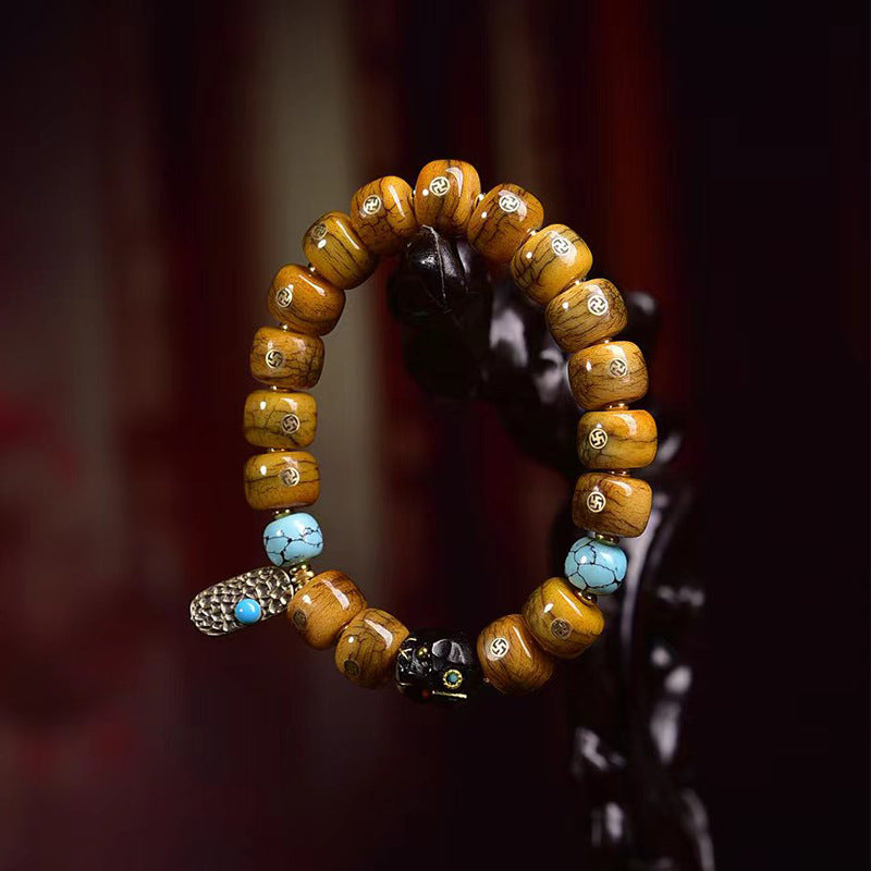 Tibetan-Style Old Copper Swastika Inlay Yak Bone Bracelet – Traditional Handcrafted Design