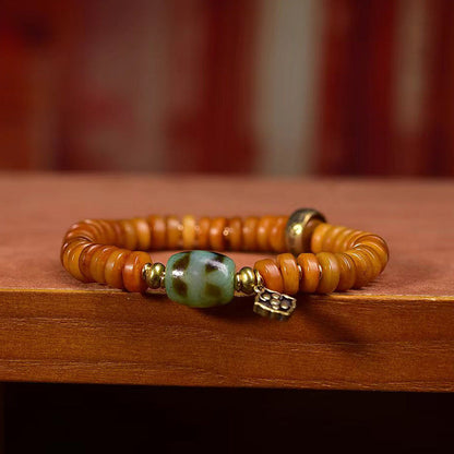 Tibetan Camel Bone Bracelet with Antique Copper Clasp & Agate Dzi Beads – Traditional Tibetan Handcrafted Bracelet