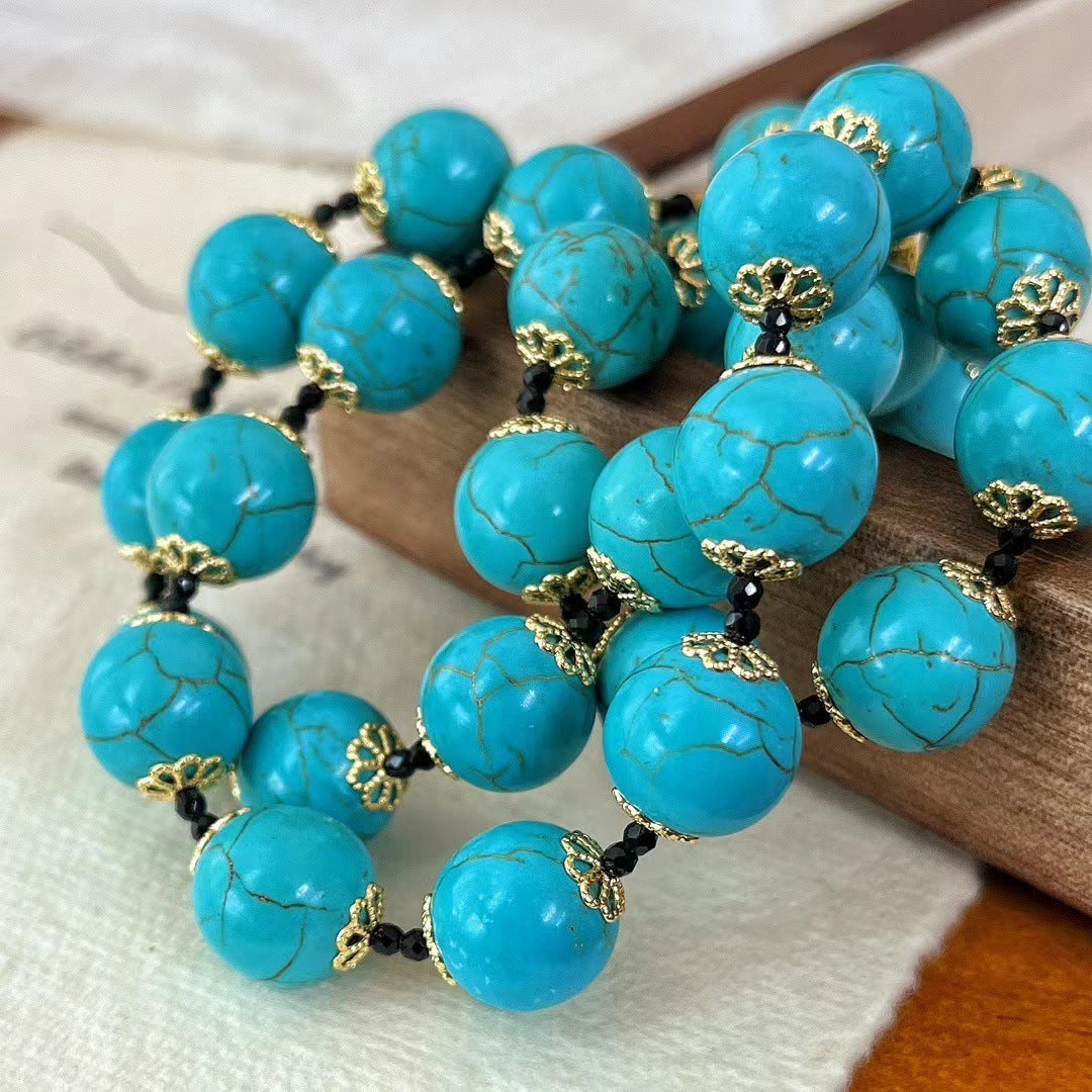 Vintage Artificial Turquoise Clavicle Chain Necklace Turquoise Bracelet Gemstone Jewelry Set for Women