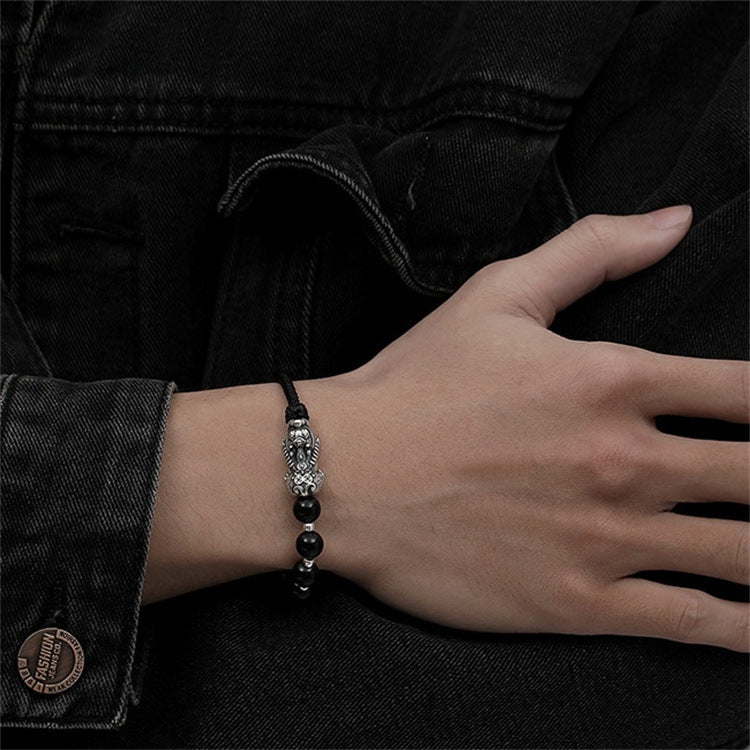 Natural Obsidian Hand-woven Boys Silver Pixiu Feng Shui Bracelet