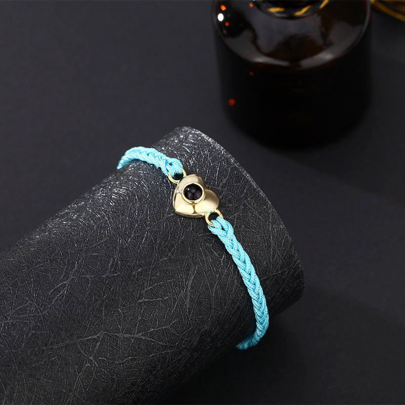 Bracelet tressé photo personnalisé avec pendentif en forme de cœur poli