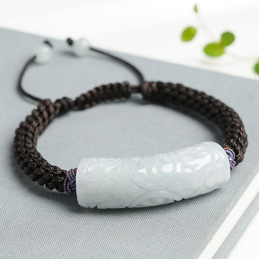 Natürliches Myanmar Jade-Armband mit gebogenem Stab, Güteklasse A – handgefertigt mit Schnitzereien für Glück und Langlebigkeit