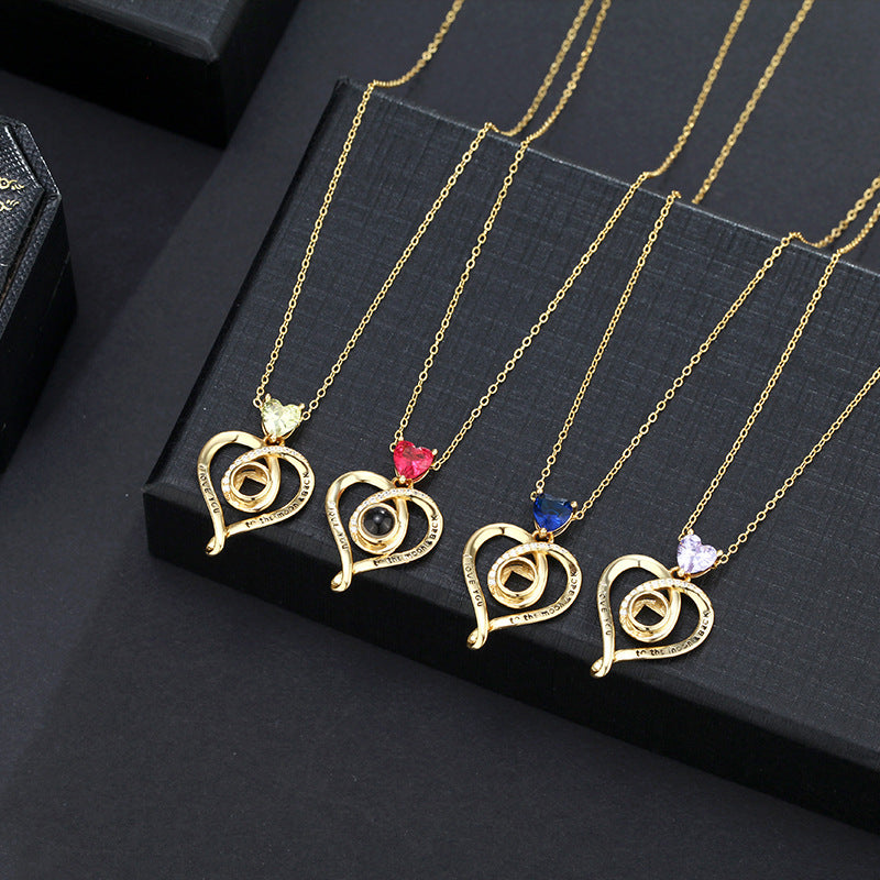 Halskette „Love You To The Moon“ mit verstecktem Foto und Geburtsstein