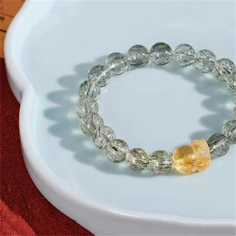 Natural Green Rutilated Quartz Crystal Bracelet with Pixiu