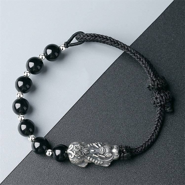 Natural Obsidian Hand-woven Boys Silver Pixiu Feng Shui Bracelet