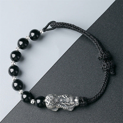 Natural Obsidian Hand-woven Boys Silver Pixiu Feng Shui Bracelet
