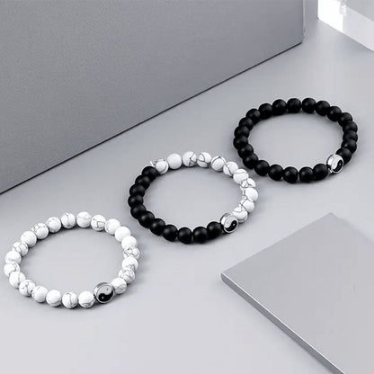 Tai Chi Yin Yang White Turquoise Bracelet Matte Black Handmade Beaded Bracelet