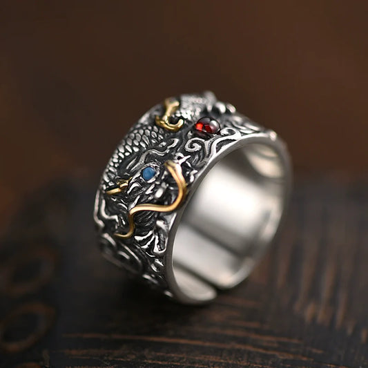 Glückverheißender Drache spielt mit Perle 925 Silberring