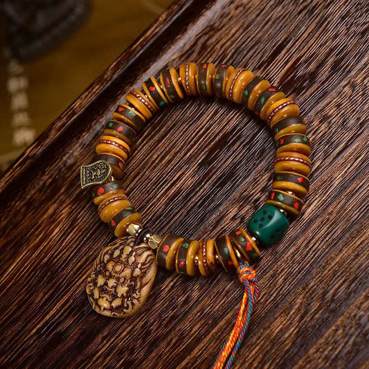 Tibetisches Kamelknochenperlenarmband mit alter Kupfereinlage – Handgefertigtes Gebetsperlenarmband im tibetischen Stil