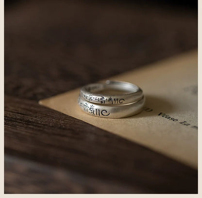 Tibetan Six-Syllable Mantra Adjustable Matte Silver Ring