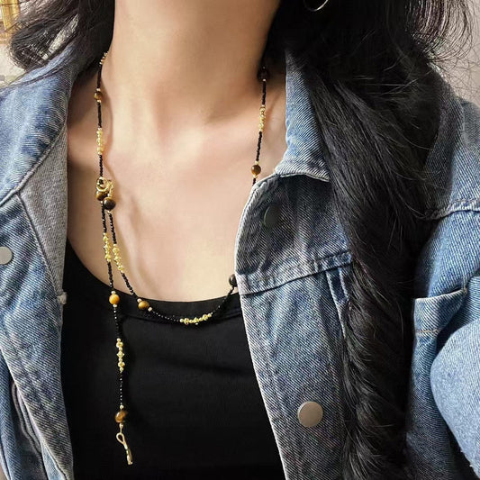 Collier vintage en pierre naturelle œil de tigre et perles de cristal artificiel