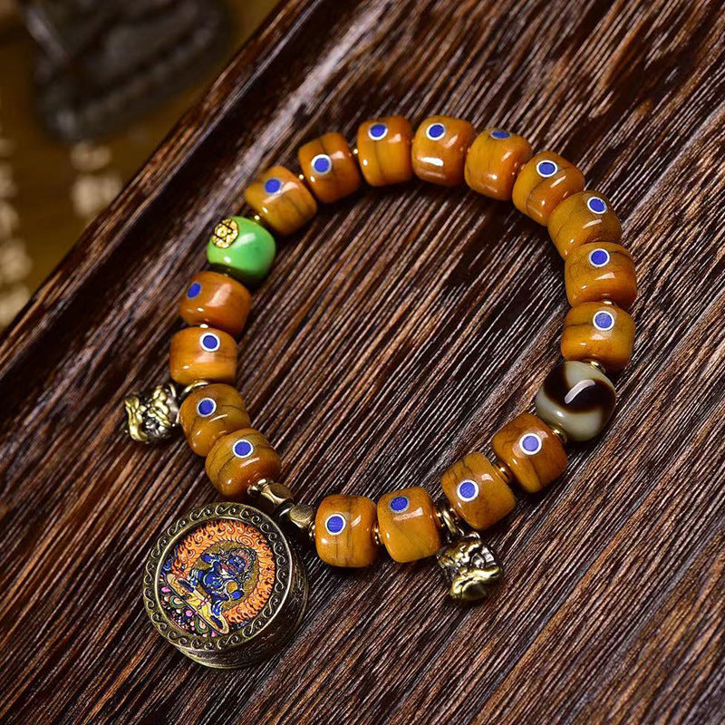 Tibetan Old Silver and Lapis Lazuli Inlaid Bracelet with Small Tangka Pendant – Tibetan Yak Bone Bracelet