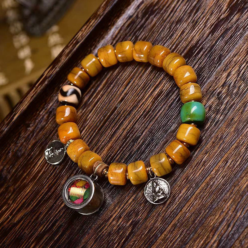 Tibetisches Kamelknochenarmband mit Achat-Dzi-Perlen und Yakknochen-Fuchsanhänger – Einzigartiges handgefertigtes Armband im tibetischen Stil